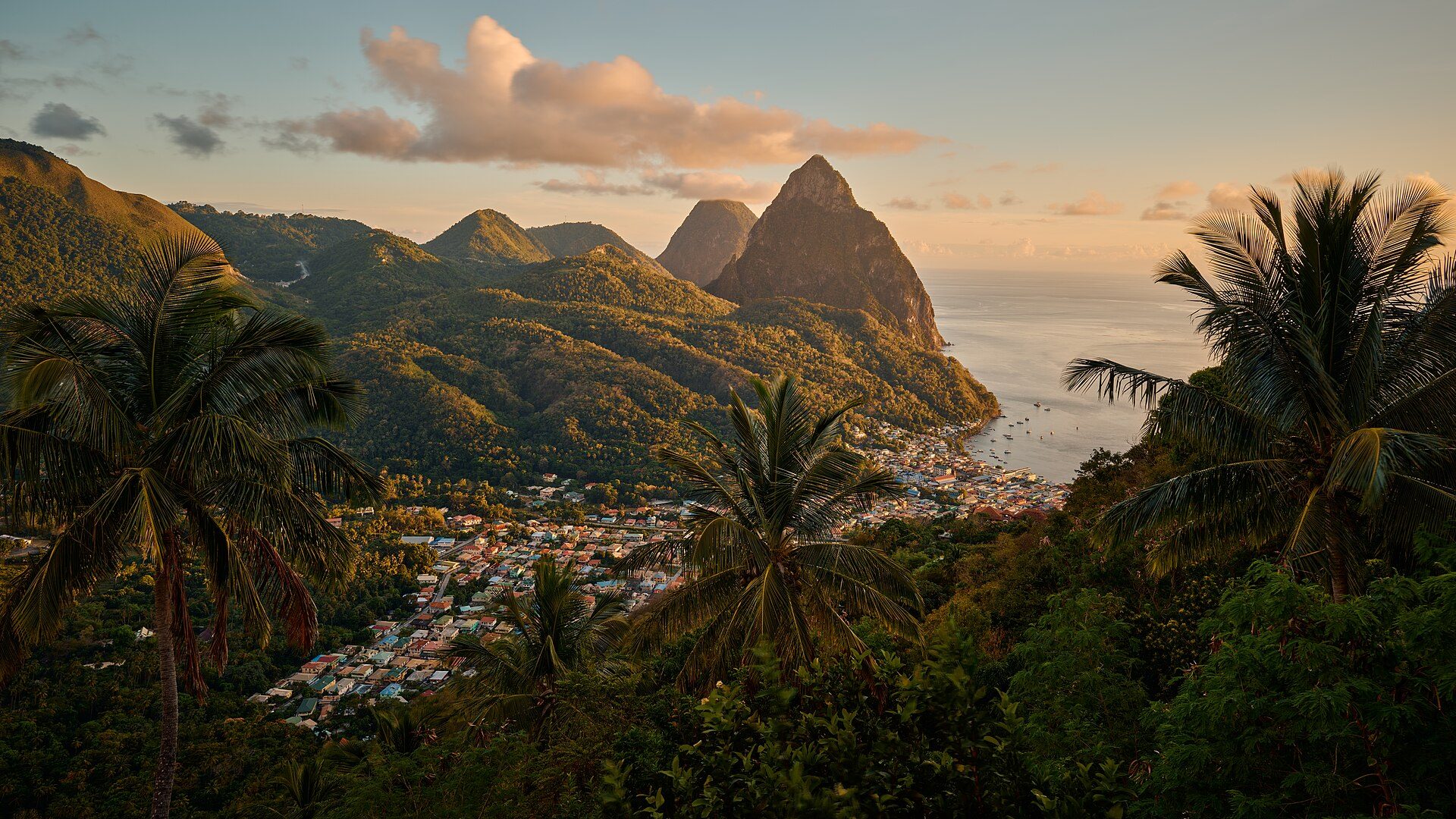 The two green Pitons rising above Saint Lucia’s blue sea