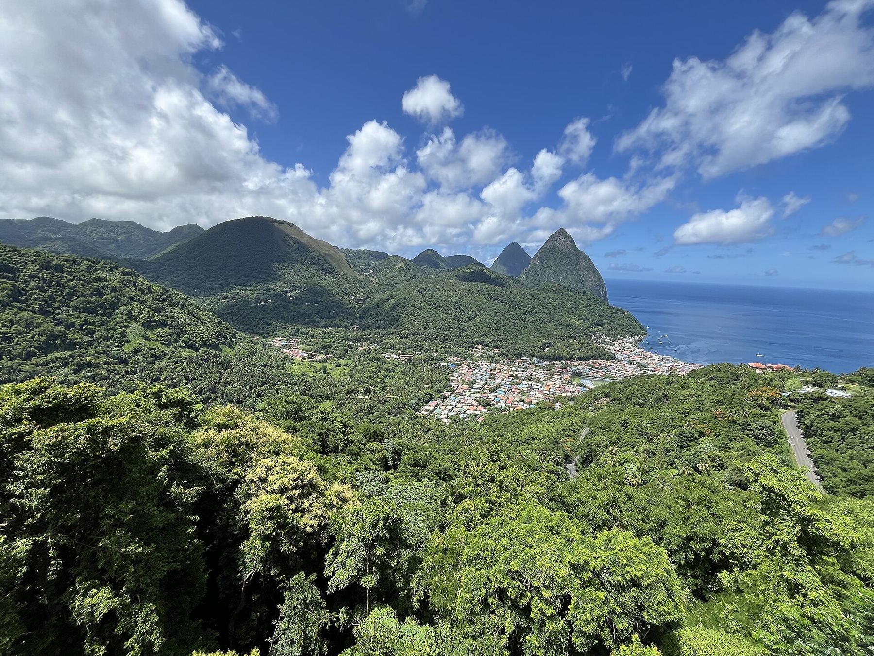 Both Pitons seen across the hills of southern Saint Lucia
